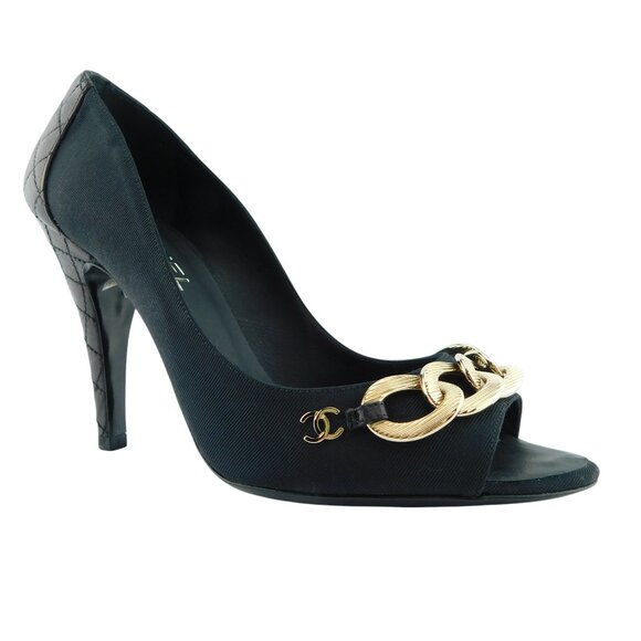 CHANEL CC Logo Chain Black Satin Classic Quilted Leather Open Toe Heel Pumps 37 - Picture 1 of 10